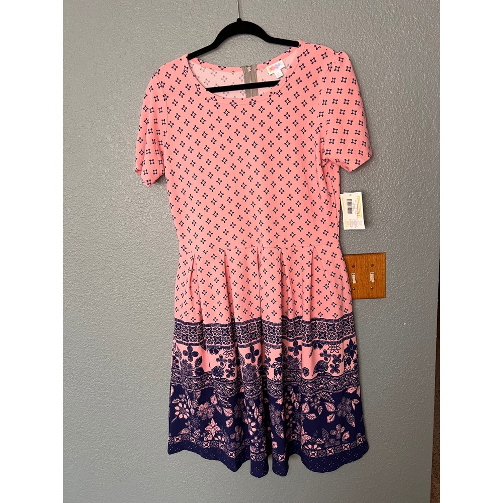 LuLaRoe Amelia Dress 2XL Pink Navy Blue Floral Border Print Short Sleeve Pleated